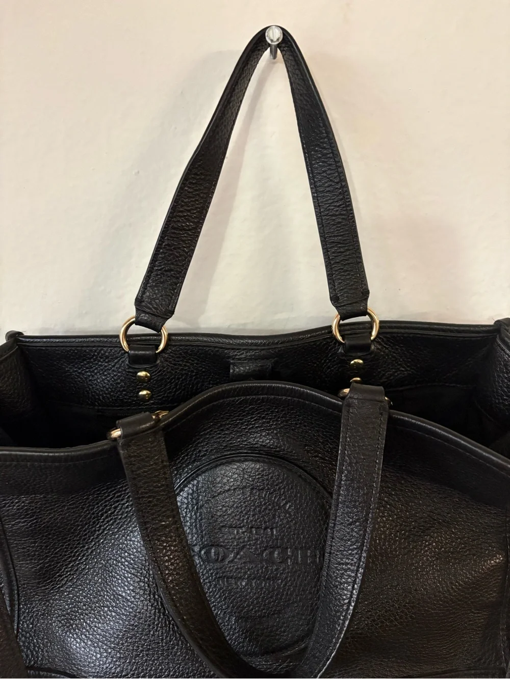 Black Leather Tote Bag with Removable Strap
